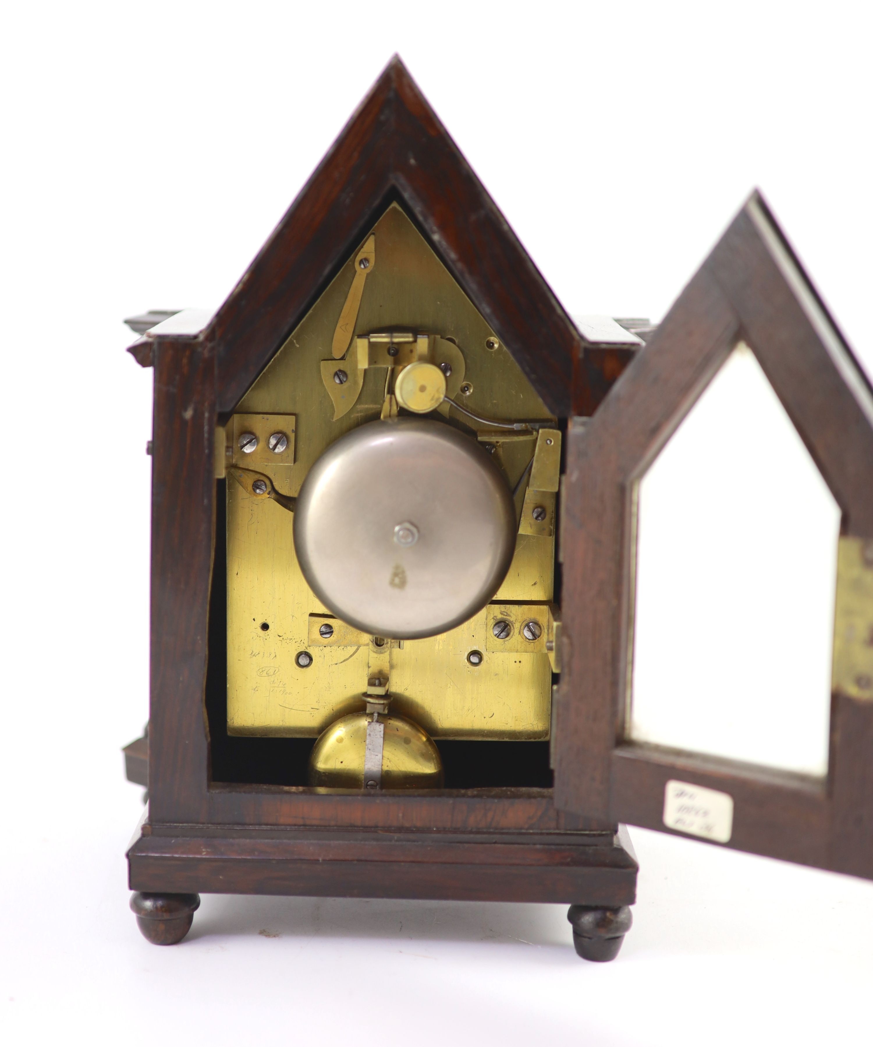 An early Victorian gothic revival rosewood mantle clock, width 18cm depth 13cm height 25cm